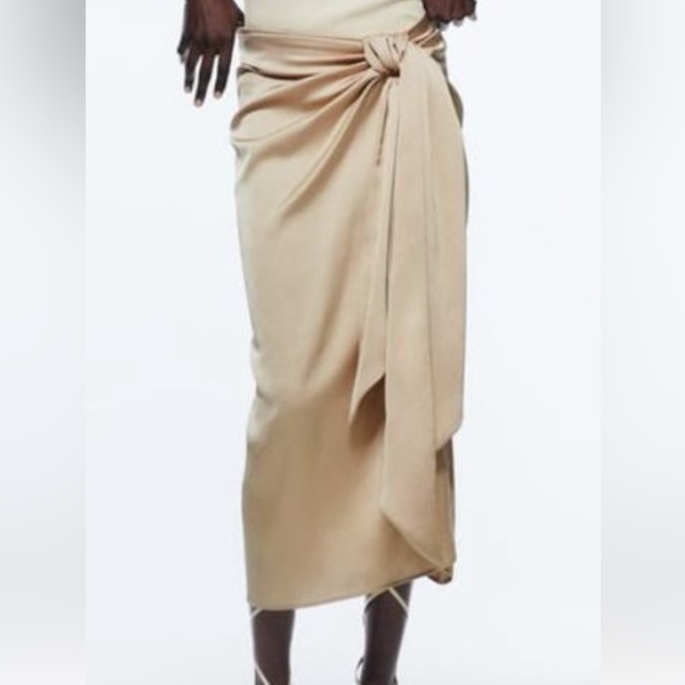 Zara Knotted Satin Effect Midi Skirt in Soft Gold